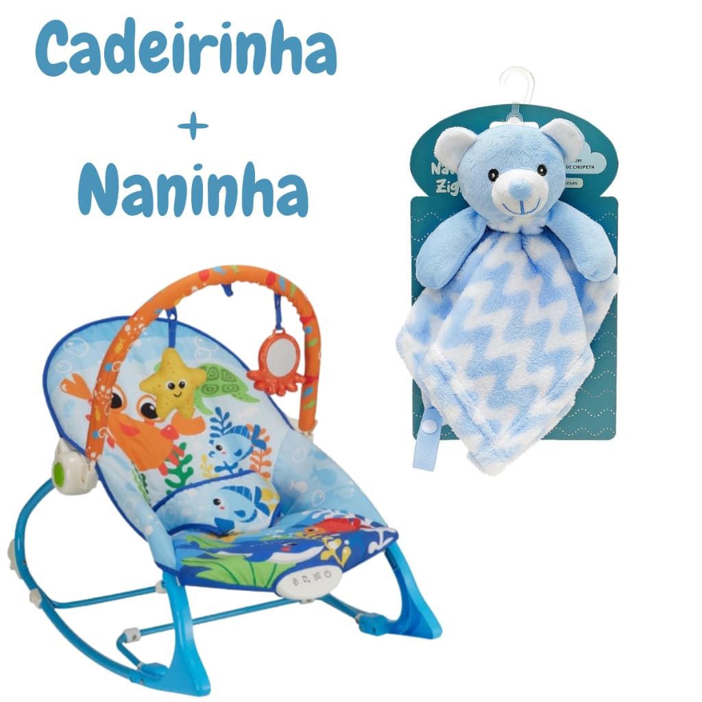 Combo Cadeirinha De Balanço Bebê Automática Musical E Naninha Com Porta Chupeta Bichinho