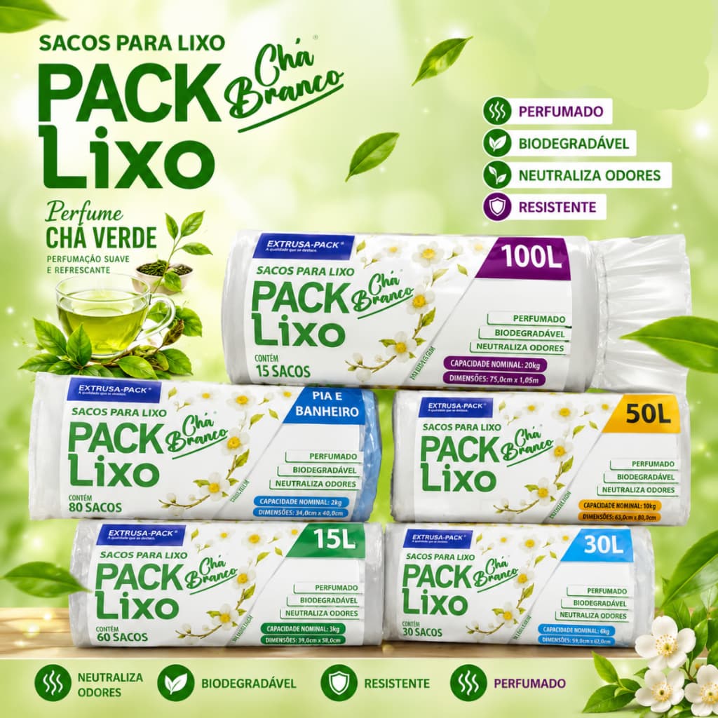 Saco de Lixo Pia e Banheiro 10L, 15L, 30L, 50L e 100L na Fragrância Chá Branco.