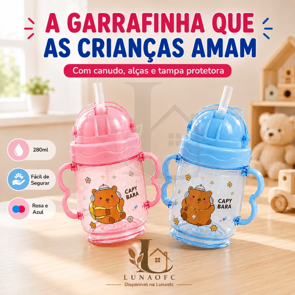 Garrafinha Infantil | 280ml | Com Canudo | Alças Tampa Protetora Rosa Azul Escolar Criança Bebê |Top