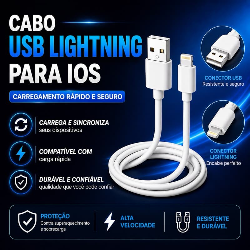 Carregador Turbo IOS USB - Lightning para iPhone 1 Metro Compatível iOS Resistente Branco