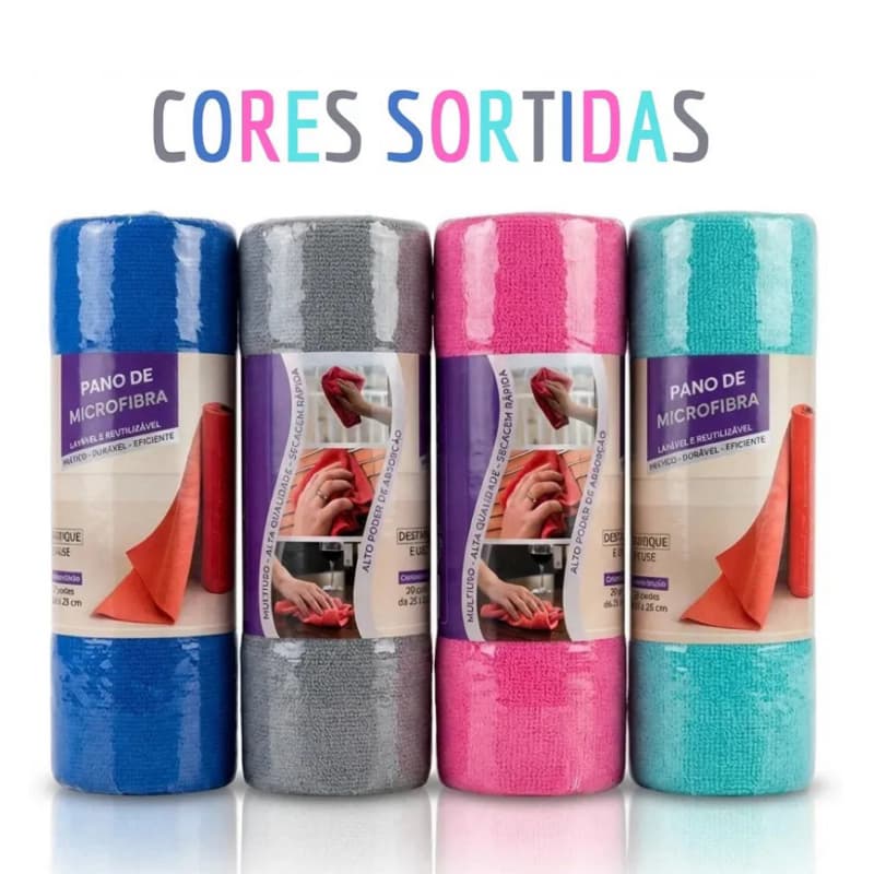 1 Kit rolo com  20 Panos Microfibra Premium 25x25cm Alta Absorção Multiuso Cores Sortidas, Não Risca e Não Solta Fiapos,