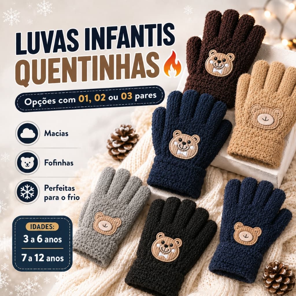 Luva Infantil Inverno Felpuda Quentinha Menino Ursinho 3 a 6 e 7 a 12 Anos  1 2 ou 3 Pares Frio Macia