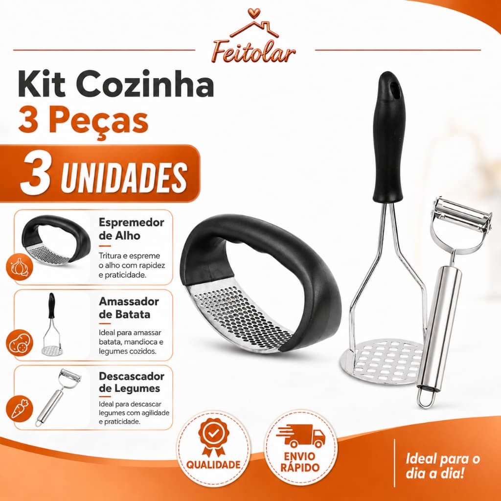 Kit Cozinha 3 Peças Amassador Alho Batata Descascador Legumes Aço Inox Praticidade no Seu Dia a Dia