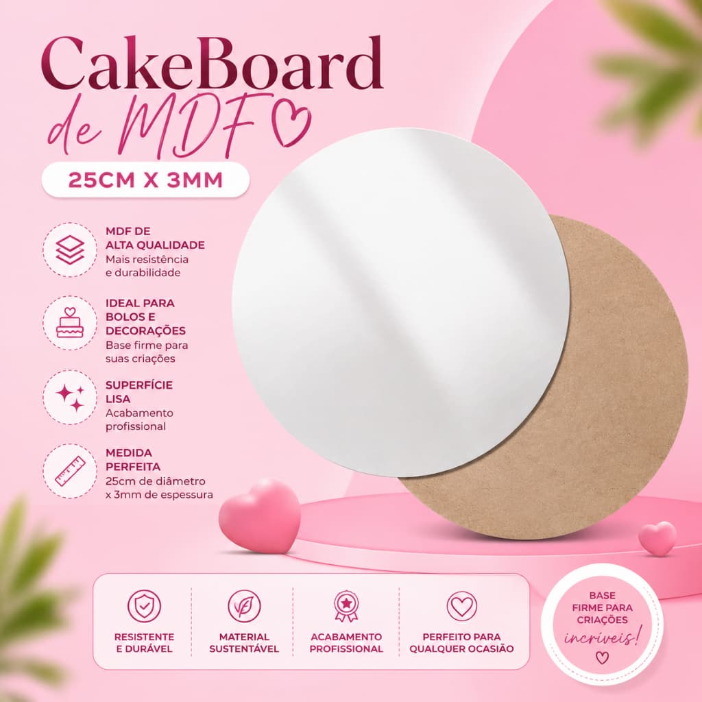 CakeBoard 25cm MDF Base Tabuleiro Para Bolo Confeitaria Branco Super Resistente Alta Durabilidade