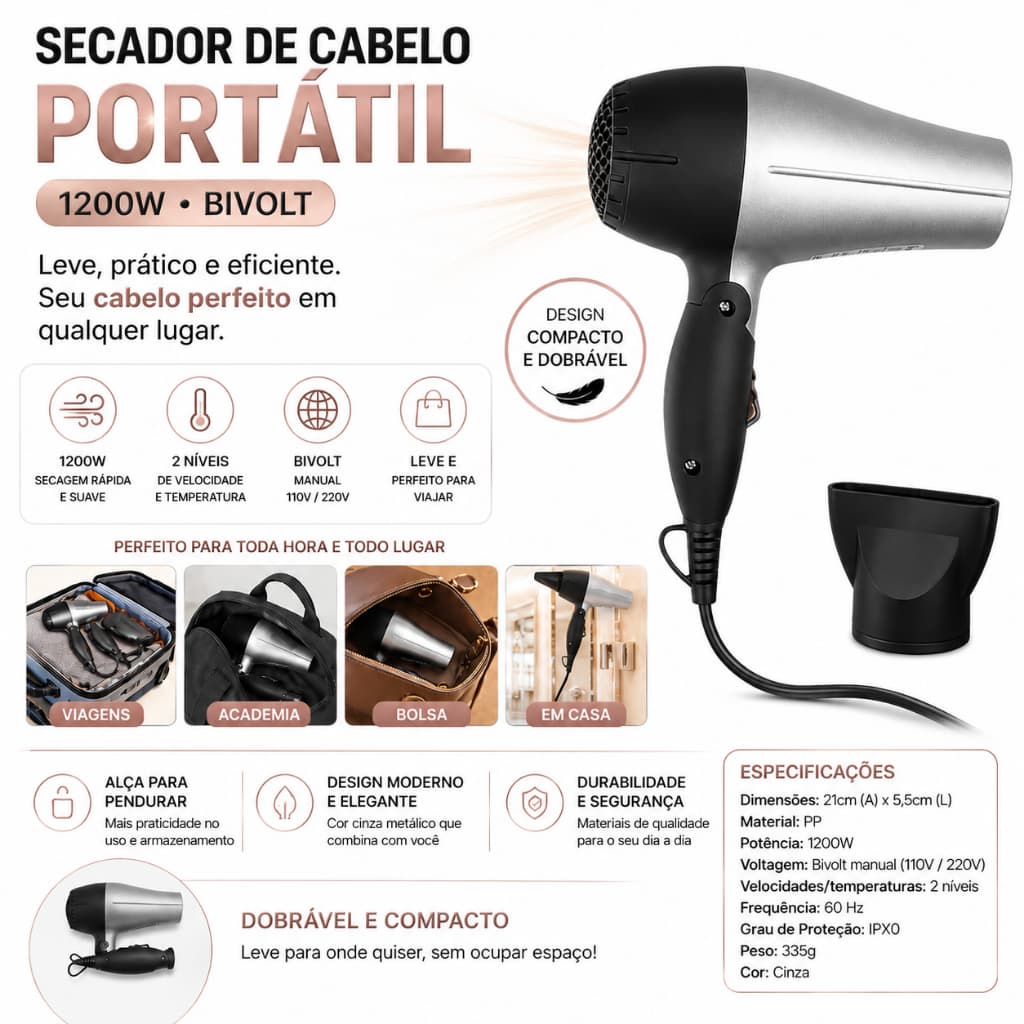 Secador De Cabelo Compacto Portatil Alta Potencia Bivolt 1200w Cinza