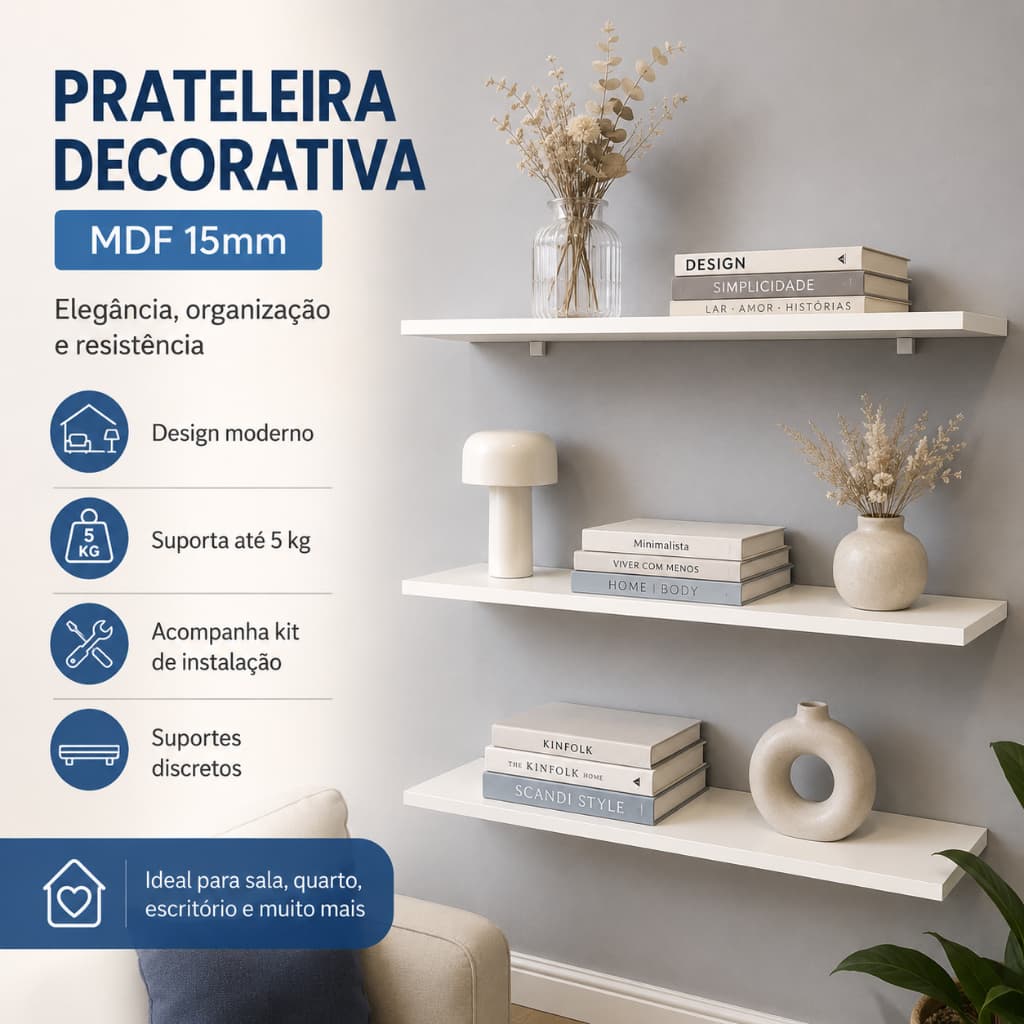Prateleira MDF 30x10cm com Suporte Invisível e Kit Instalação | Sala, Quarto, Cozinha e Banheiro
