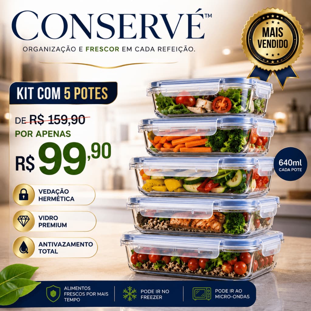 Kit 5 Potes Herméticos de Vidro 640ml Tampa Trava Antivazamento Marmita Fit Conservé™
