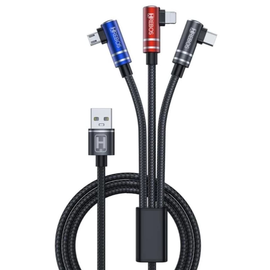 Cabo 3 em 1 Hrebos Reforçado USB Tipo C Lightning V8 Gamer Original