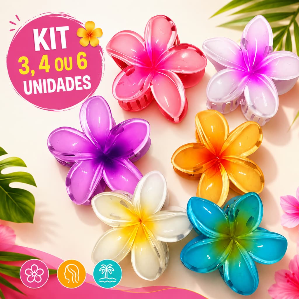 Kit Piranha Flor Tropical 8cm Presilha Havaiana Grande Colorida Feminina Praia Verão