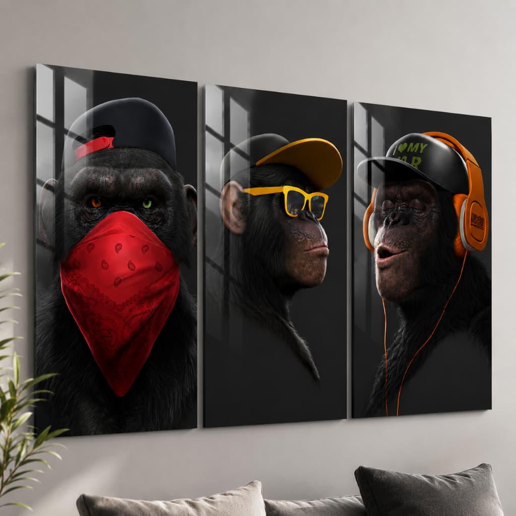 Kit 3 Quadros Decorativos Macaco Gorila Headphone Gamer Luxo cego mudo surdo