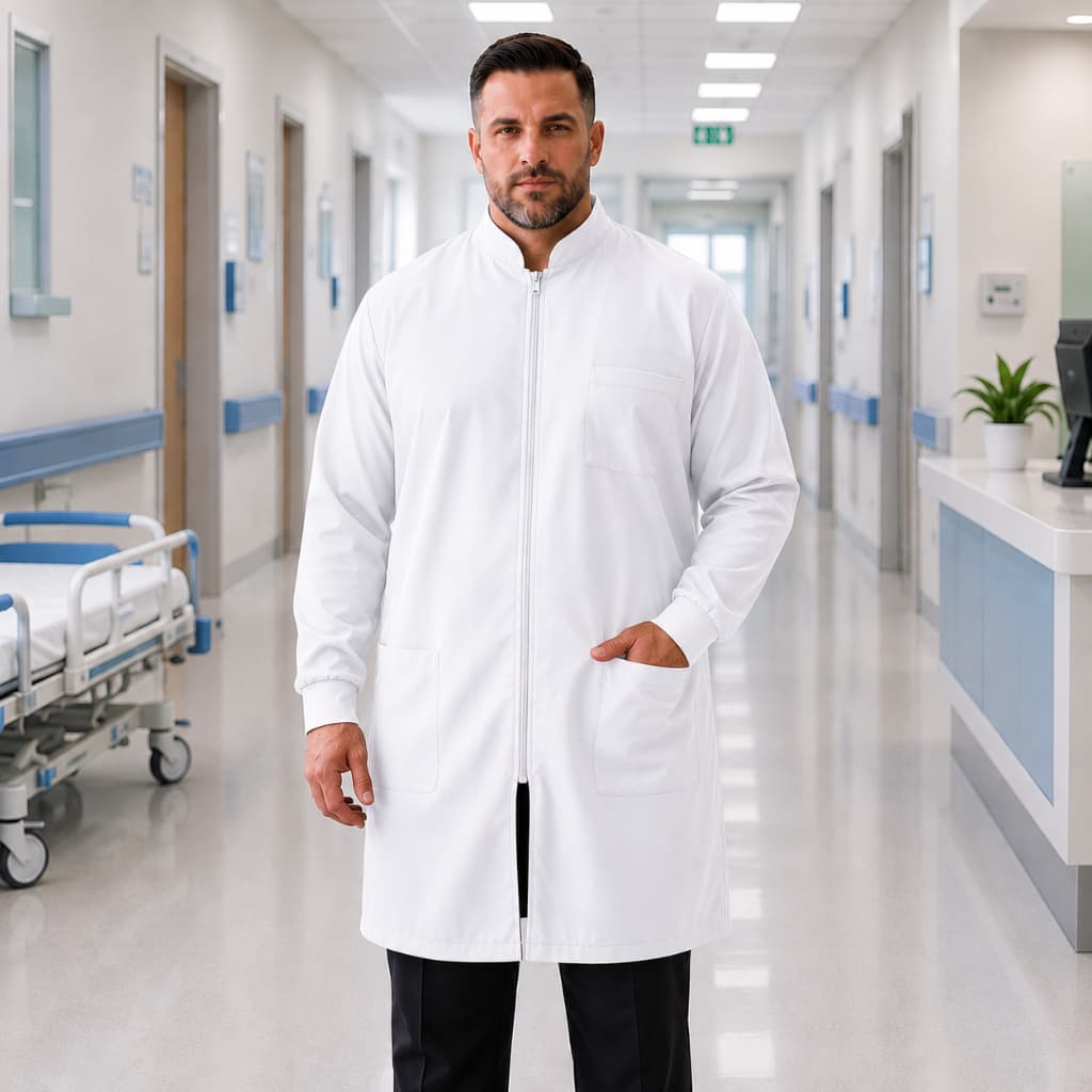 Jaleco Masculino Plus Size Gabardine com Elastano Acinturado Gola Padre Zíper e Punho