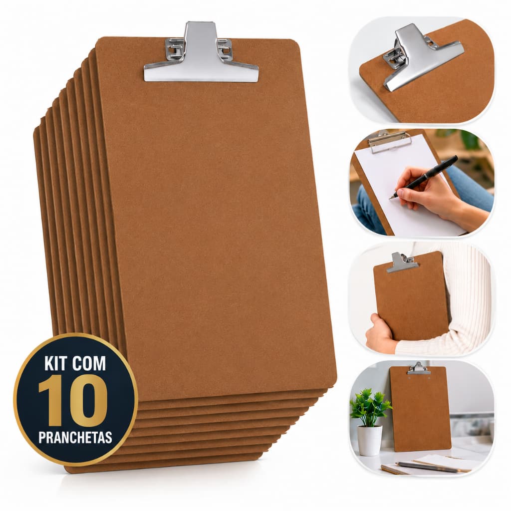 Prancheta Ofício A4 Mdf Com Prendedor De Metal Kit 10 Unidades