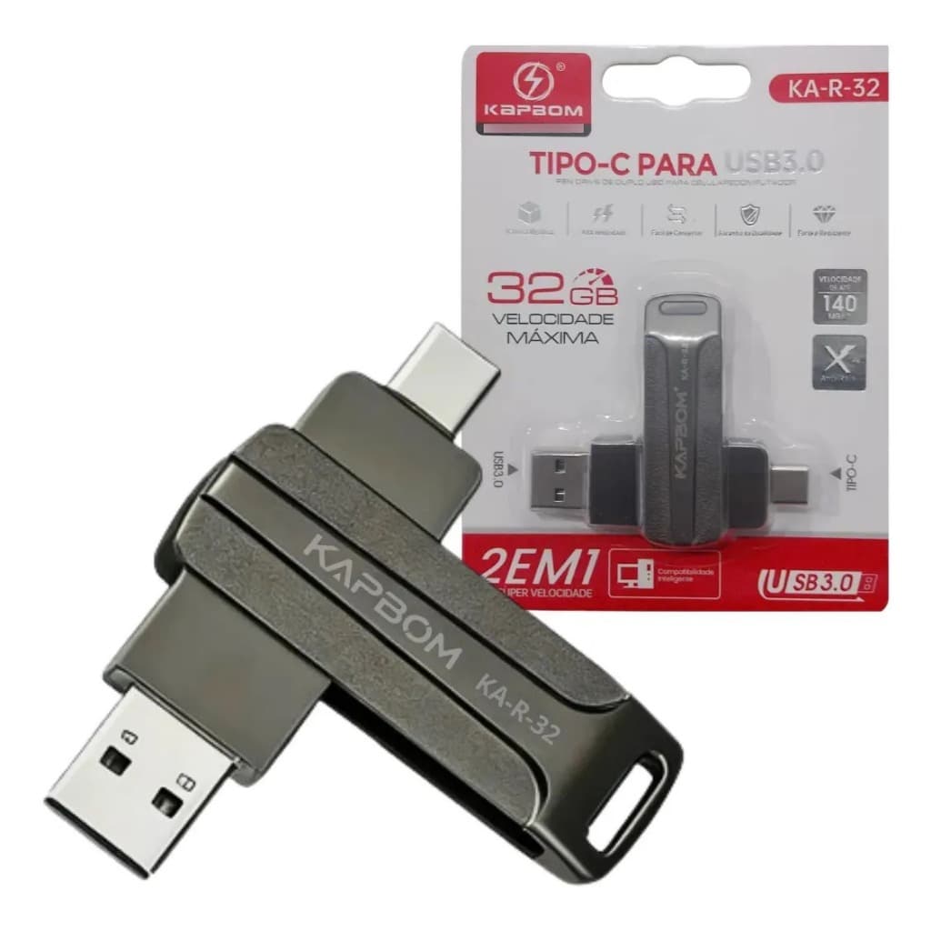 Pendrive 32GB USB 3.0 + Tipo C Dual Drive OTG Alta Velocidade Kapbom Metal