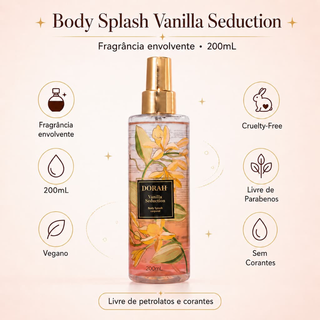 Body Splash Baunilha Dorah Vanilla Seduction 200ml Vegano Cítrico Doce Gourmand
