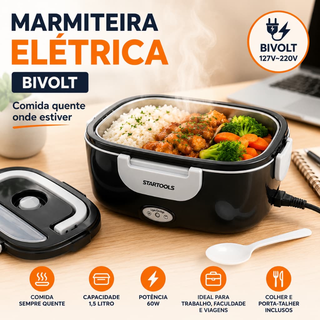 Marmita Elétrica Térmica Bivolt & Portátil 1,5L Ideal Para Trabalho e Viagem Quentinho Sempre [2]