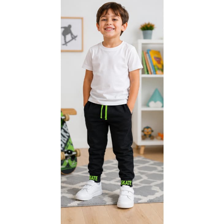 Calça Jogger Infantil Skate Preta com Detalhes Verde Neon