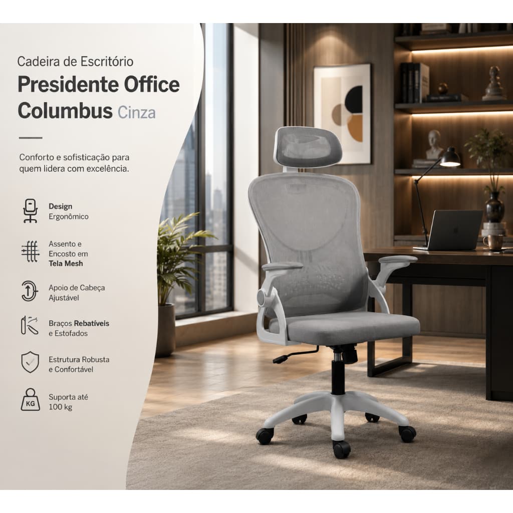 CADEIRA DE ESCRITÓRIO PRESIDENTE - OFFICE COLUMBUS COM TELA MESH CINZA!