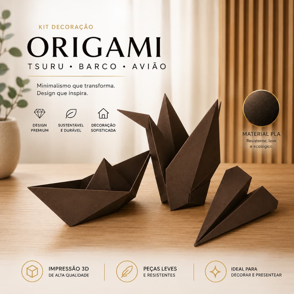 🔥 Trio Origami Decorativo Tsuru Avião Barco 3D Em PLA Premium Decoração Elegante e Moderna