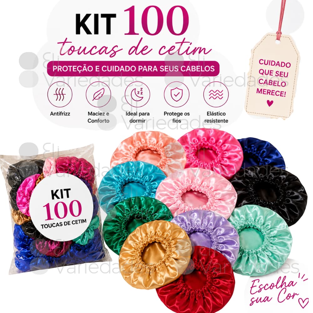 Kit 100 Toucas De Cetim Anti Frizz Alto Brilho Atacado Revenda Cabelo Cacheado Cores Sortidas