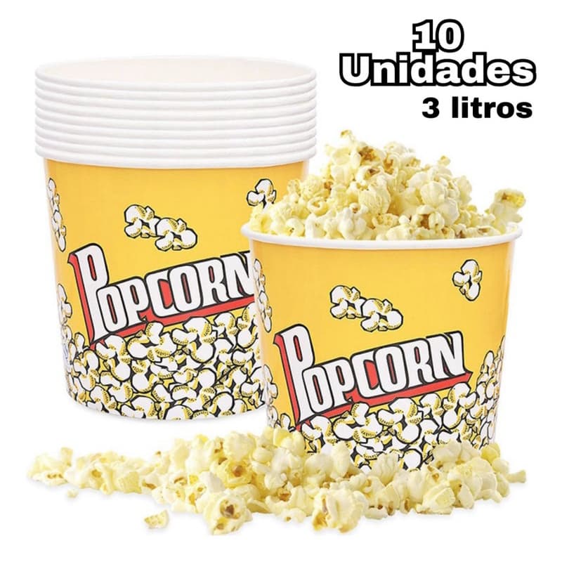 Kit 10 Baldes Pipoca Bacia Pote Grande Combo Resistente Cinema Casa Pipoqueira 3 Litros