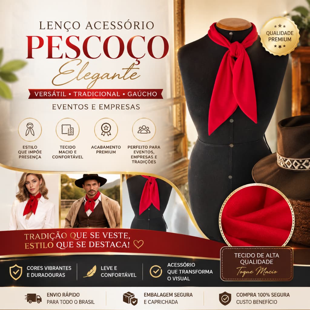 Lenço Acessório para Pescoço | Elegante, Versátil e Tradicional, Gaúcho, Eventos, Empresas, Junino, São João, Arraiá