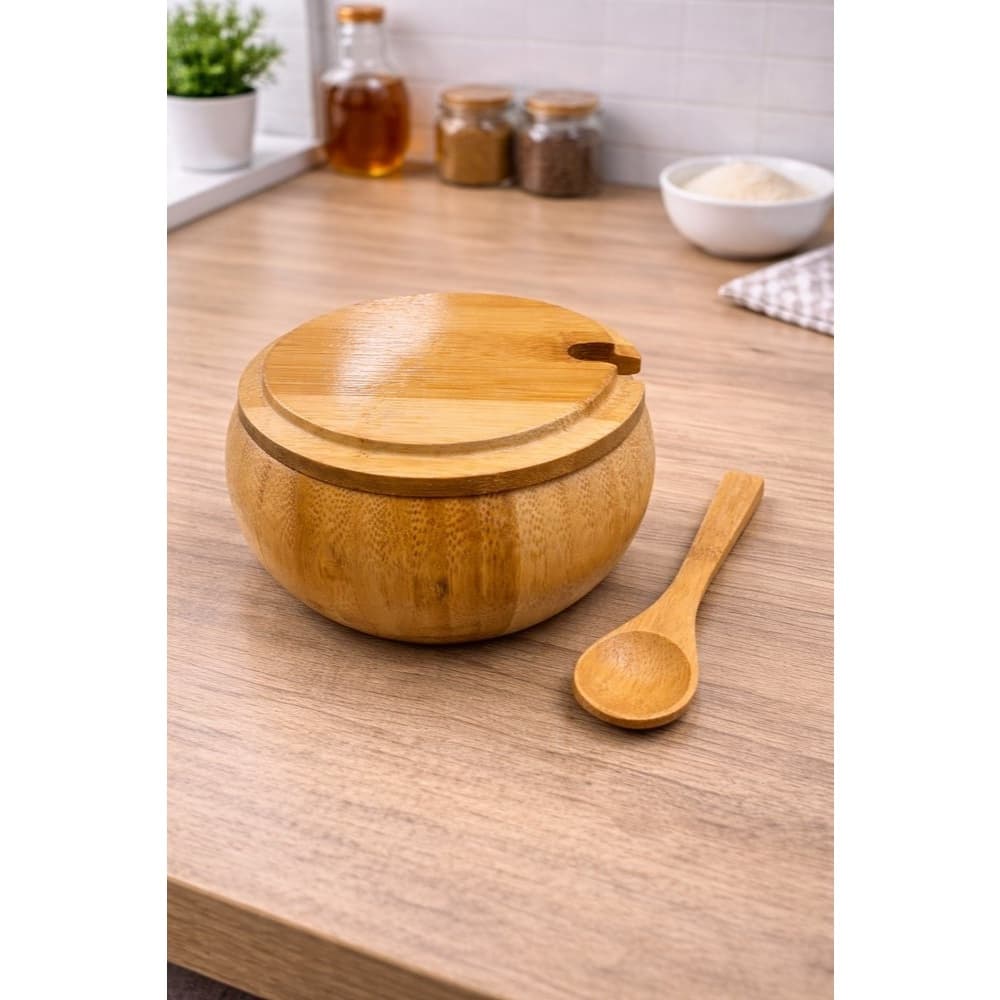 Açucareiro Bambu com Colher Porta Açúcar Sustentável 100% Bambu Cozinha Organizada