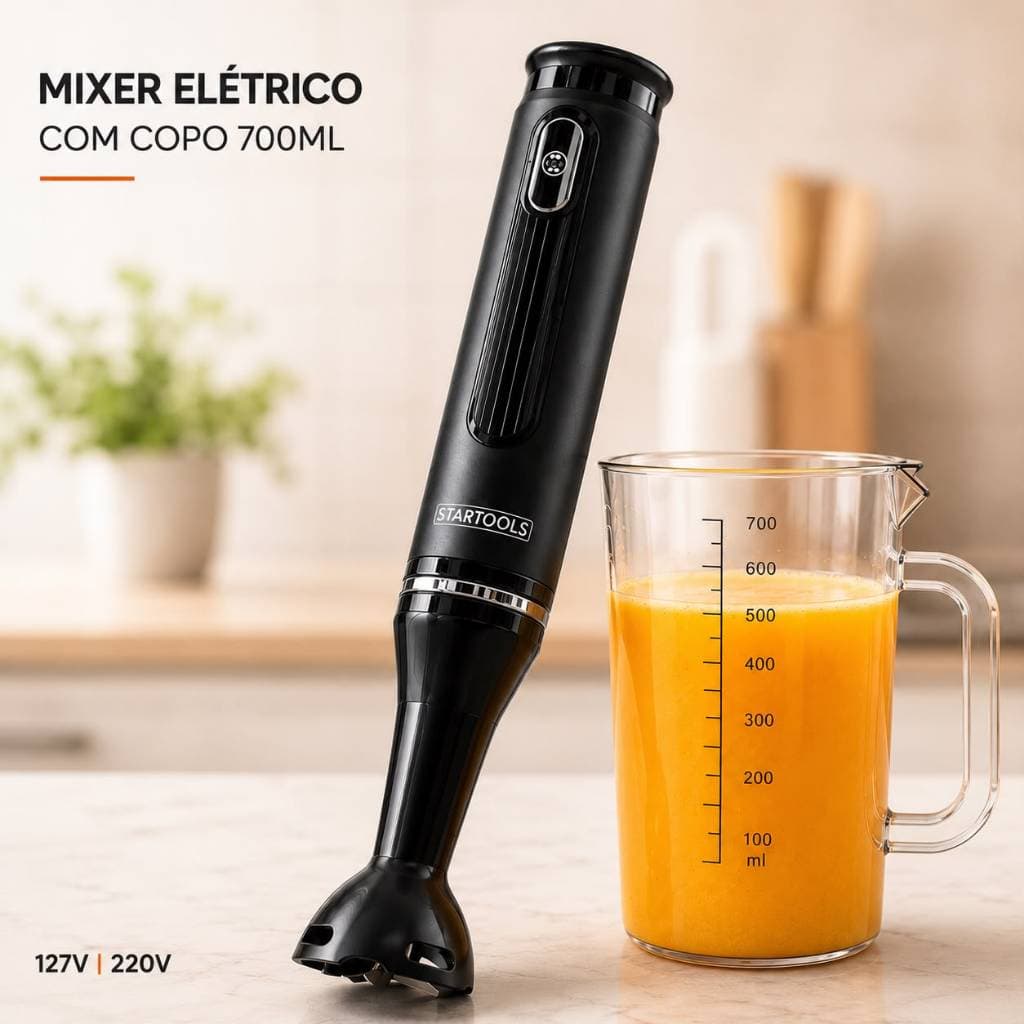 Mixer Elétrico 200W Com Copo 700ml Lâmina Inox Disponível 127V e 220V Preto ou Branco