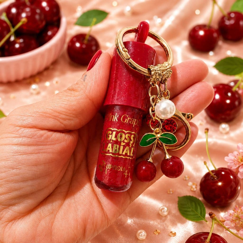 Lip Gloss Labial Cherry com Chaveiro e Pingentes de Cereja