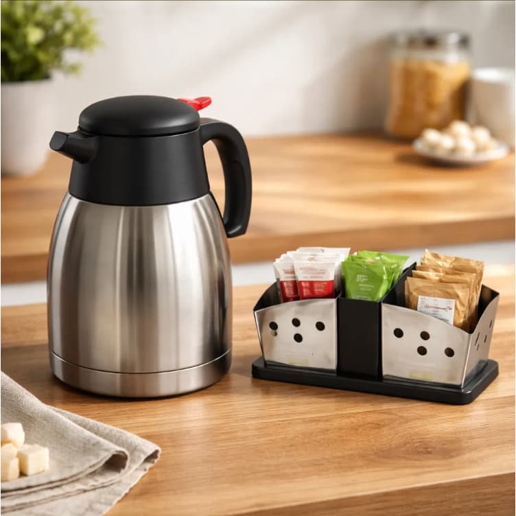 Garrafa Térmica Aço Inox Suco Água Drinks 950ml Kit com Porta Sachês Inox Top Luxo Elegante