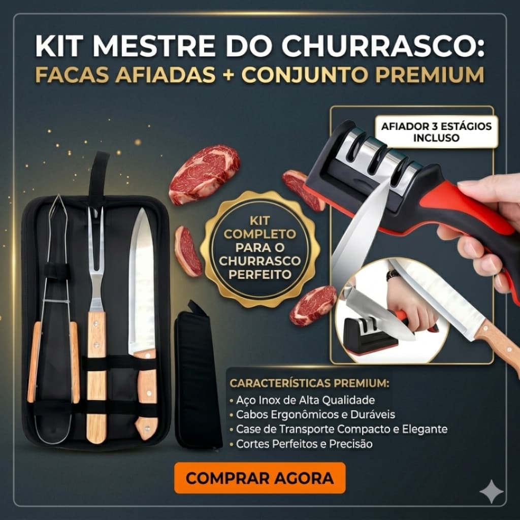 kit churrasco 3 pecas + afiador 3 em 1 aço inox manual churrasco