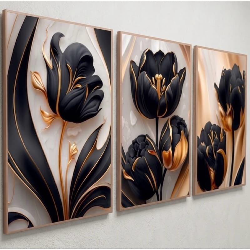 Kit 3 Quadros Decorativos Flores Pretas e Douradas Luxo Moderno MDF 3mm