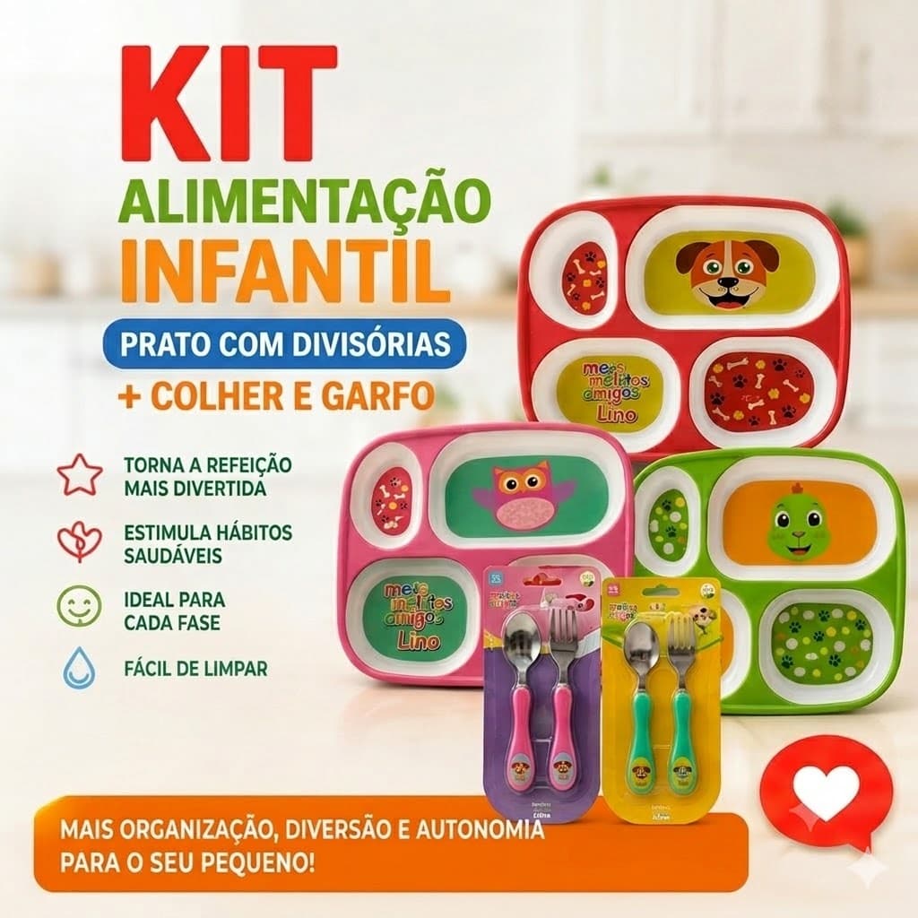 Kit prato infantil com divisórias + talheres (garfo e colher), Cachorro, Dinossauro, Coruja