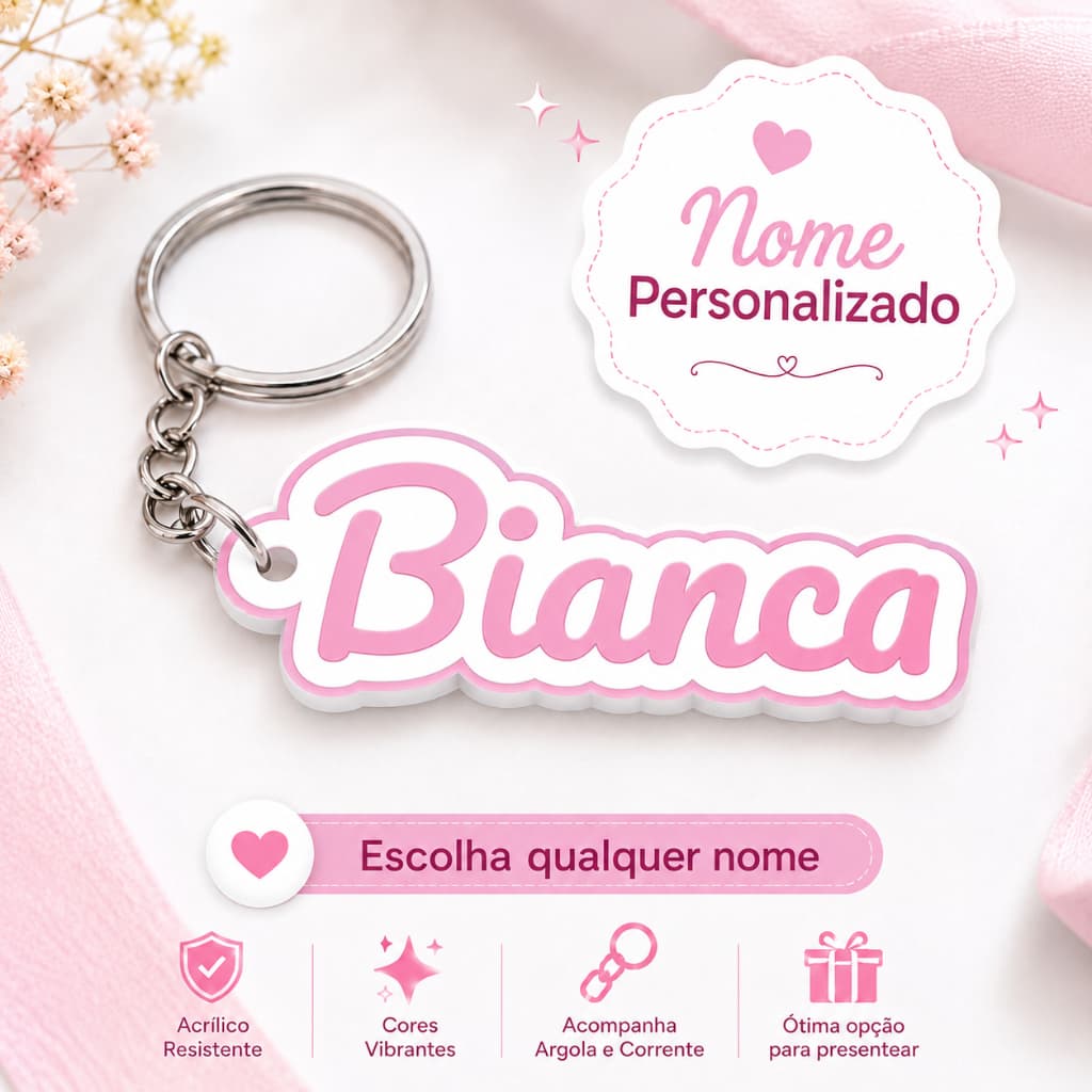 Chaveiro com Nome Personalizado 3D Várias Cores para Lembrancinha Aniversário Presente