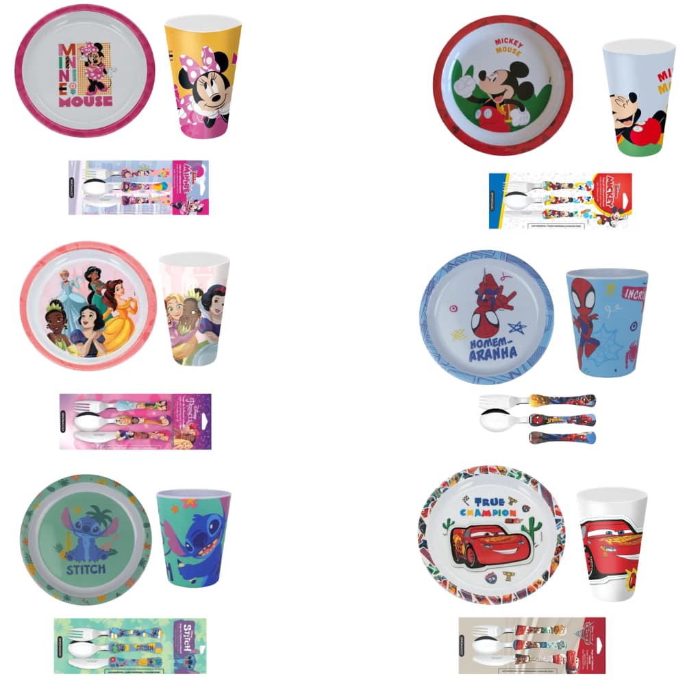 Kit Infantil Personagens 3 Peças | Prato Fundo, Talheres e Copo