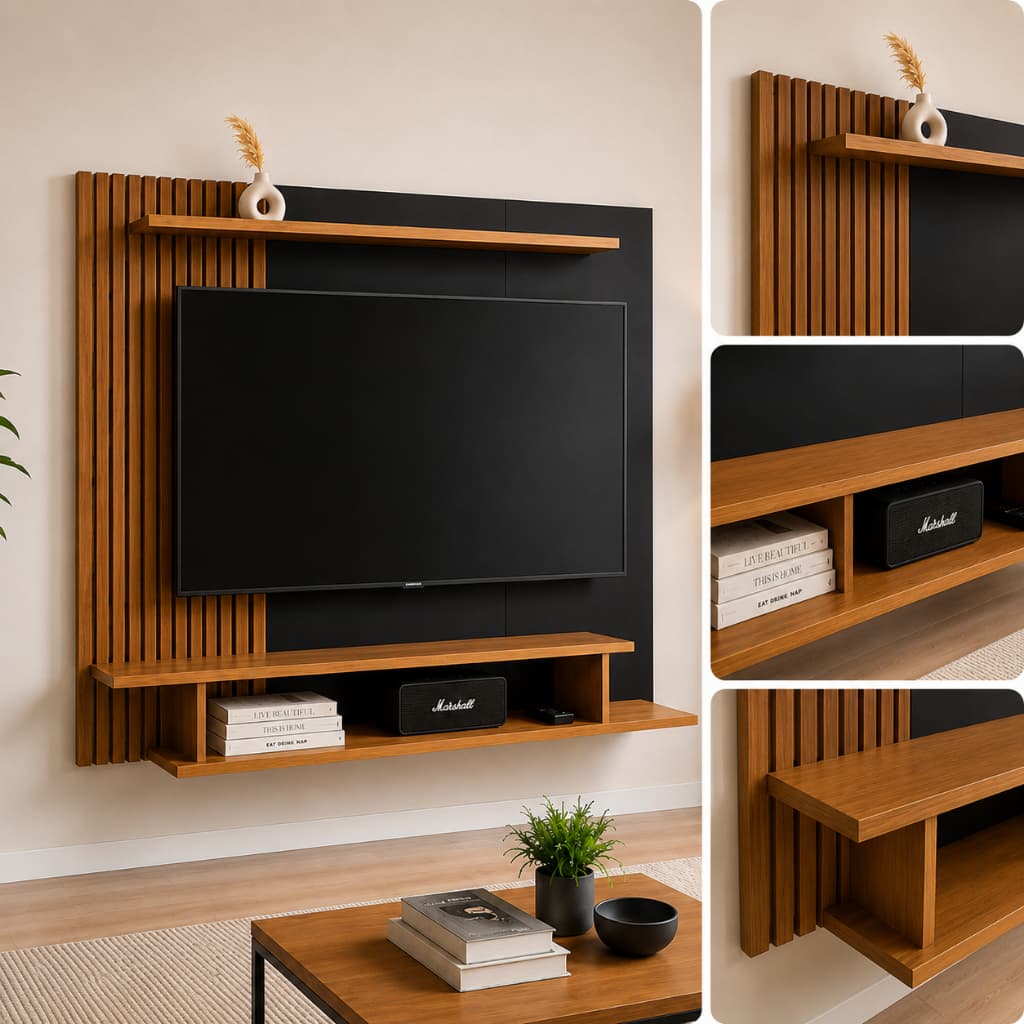 QUEIMA DE ESTOQUE! Painel Ripado 3D Premium para TVs de 43 até 60 Polegadas Suspenso com Nichos e Prateleira Moderna