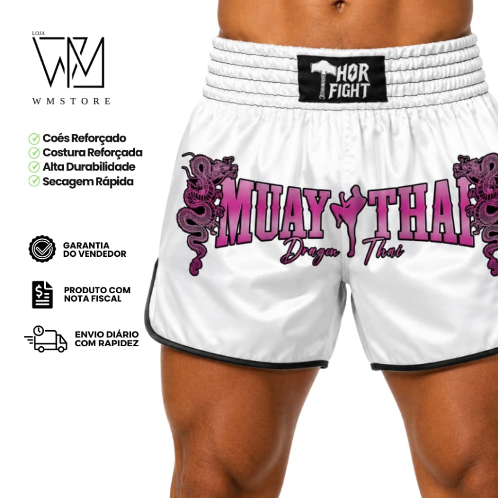 Short Muay Thai Unissex Dragon Thai Branco Rosa Premium Kickboxing Envio Rápido