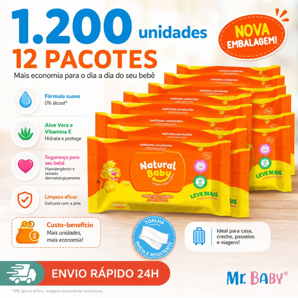 Kit com 12 Pacotes de Lenços Umedecidos Natural Baby 1200 Unidades