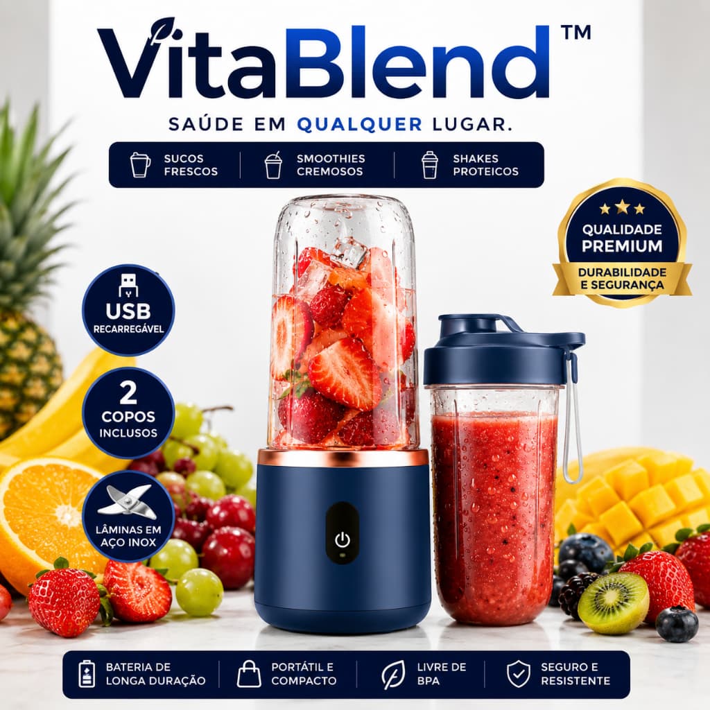 Liquidificador Portátil USB Recarregável Shake Suco Detox Vitamina Com Copo Extra - Azul