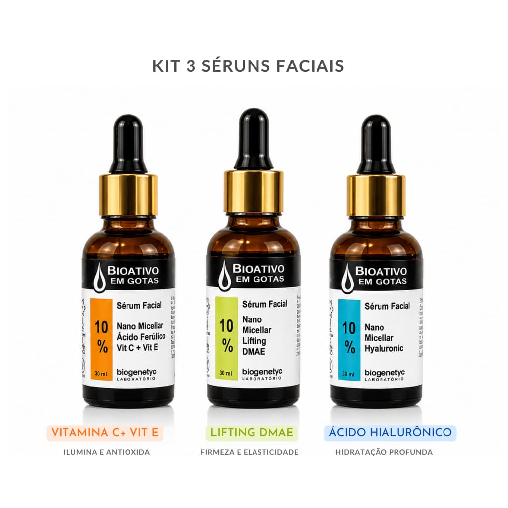 Biogenetyc Kit Rejuvenescimento Facial DMAE Ácido Hialurônico Vitamina C 3x30ml