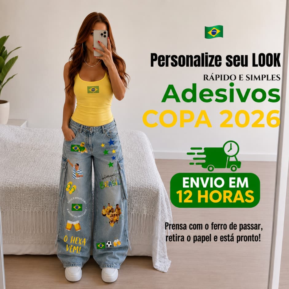 Adesivo exclusivo da DTF Copa do Mundo do Brasil. | PersonaAplique o adesivo termocolante em calças, jaquetas, camisas