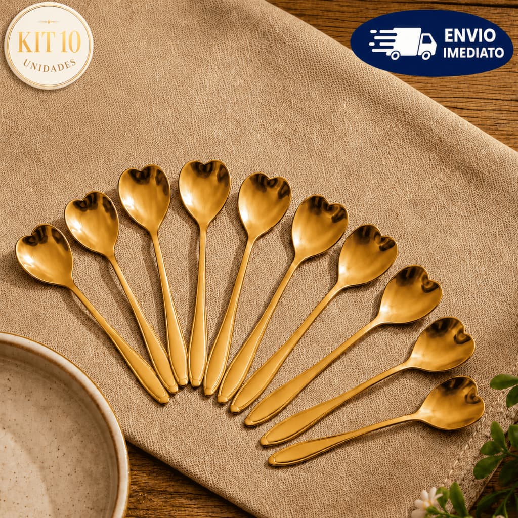 Kit 10 Colheres Coração Douradas em Aço Inoxidável Mesa Posta Café Chá  Sobremesa Luxo