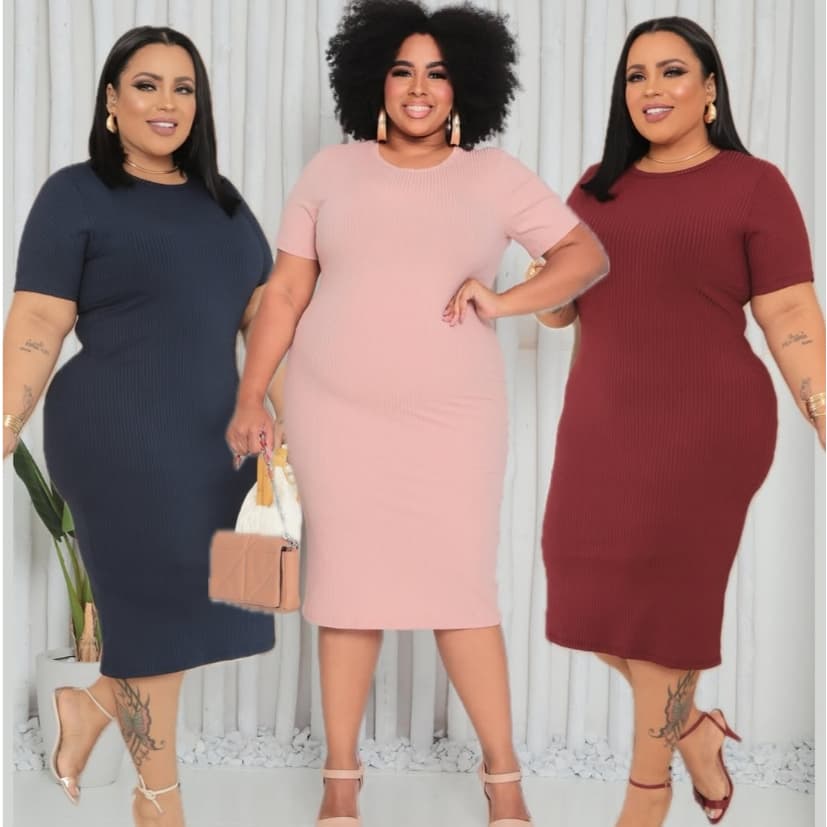 Vestido Tubinho Plus Size Canelado Grosso Premium Elegante Feminino Manga Trabalho Balada G1 G2 G3