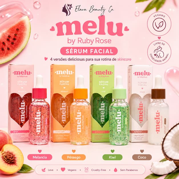 Sérum Facial Melu Ruby Rose 30ml Skincare Vegano Pêssego Kiwi Melancia Coco