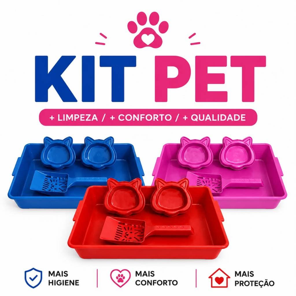 Kit Caixa de Areia Para Gatos Bandeja Comedouro Bebedouro