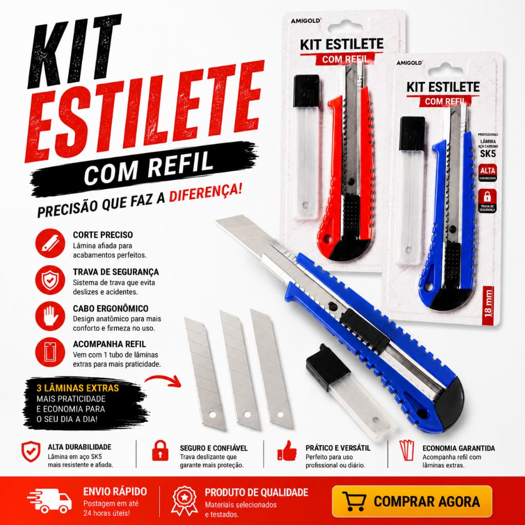 Estilete Profissional 16mm Trava Automática Lâmina Aço 3 Lâminas Extras Corte Preciso