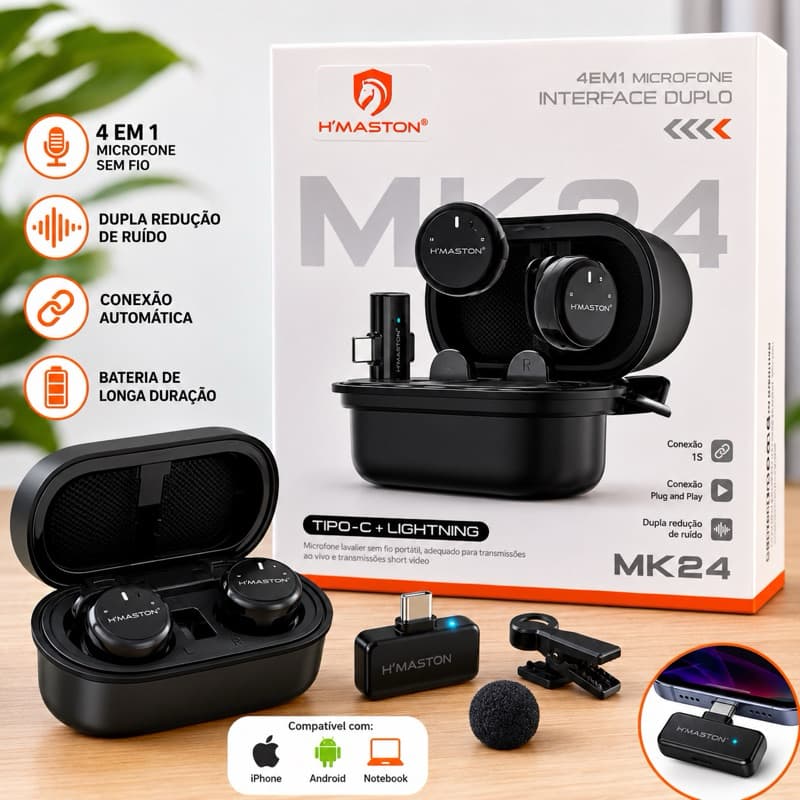 Microfone Sem Fio Duplo H’Maston MK24 Tipo-C e Lightning para iPhone Android Notebook com Redução de Ruído