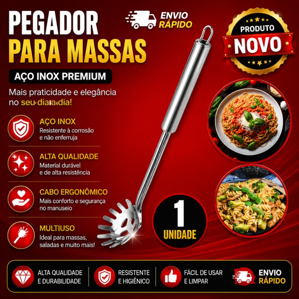 1 Unidade Pegador de Massa em Pegador de Massa em Inox 31,5cm Utensílio de Cozinha