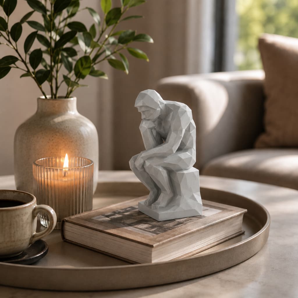 Estátua O Pensador Low Poly 13cm Decoração Moderna Escultura Geométrica Elegante Premium Home Office Clássico