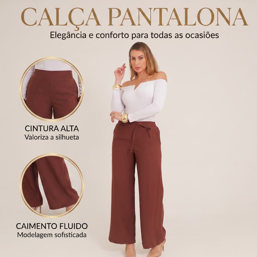 Calça Pantalona Feminina Cintura Alta Tecido Marrat Wide Leg Com Faixa Elegante Social Casual