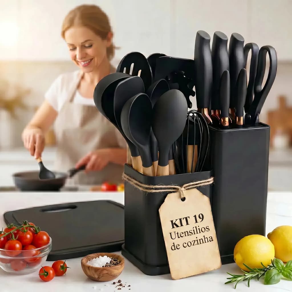 Kit 19 Peças Jogo Utensílios Silicone Cabo Madeira – Não Risca Antiaderente